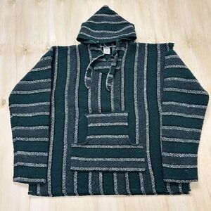 VEL-MEX Hoodie Mens XL Green Striped Baja Mexican Pullover Knit Boho Sweatshirt